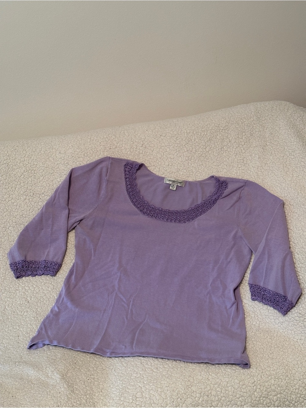 Coldwater Creek Lilac Scoop Neck Knit Top with Crochet Trim